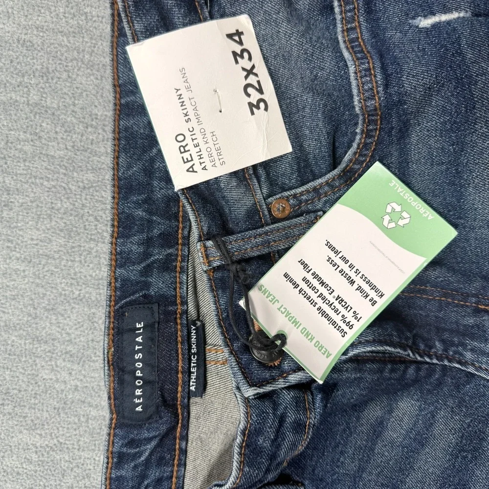 Aeropostale Jeans Mens 32x34 Blue Athletic Skinny Distressed Aero KND Impact NWT